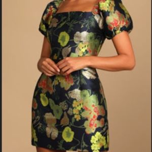 Lulu’s Navy Jacquard Floral Puff Sleeve Dress
